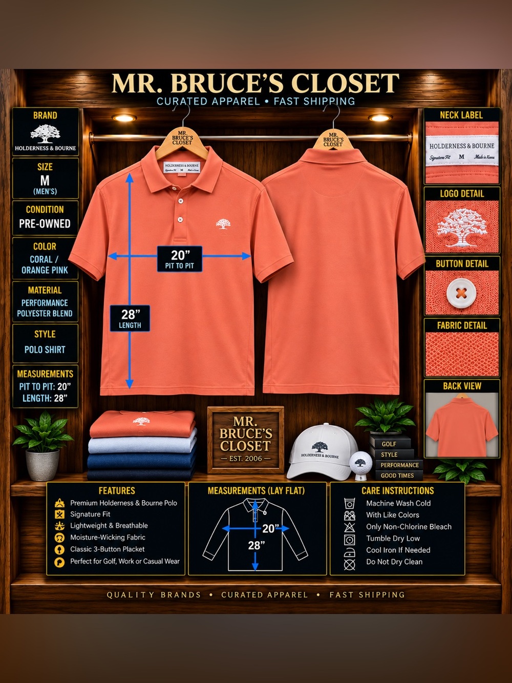 Holdenress & Bourne Coral/Orange-Pink Performance Polo - Men's M